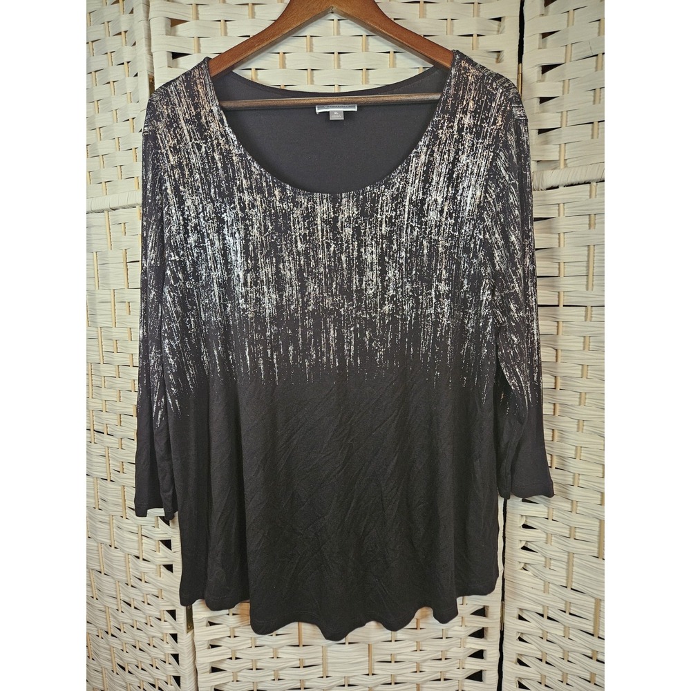 JM Collection Women XL Black White Silver Blouse Holiday Eveningwear Party